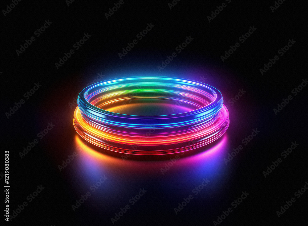 Aufkleber vibrant, multicolored neon rings glow intensely on a dark reflective surface, creating a mesmerizing
