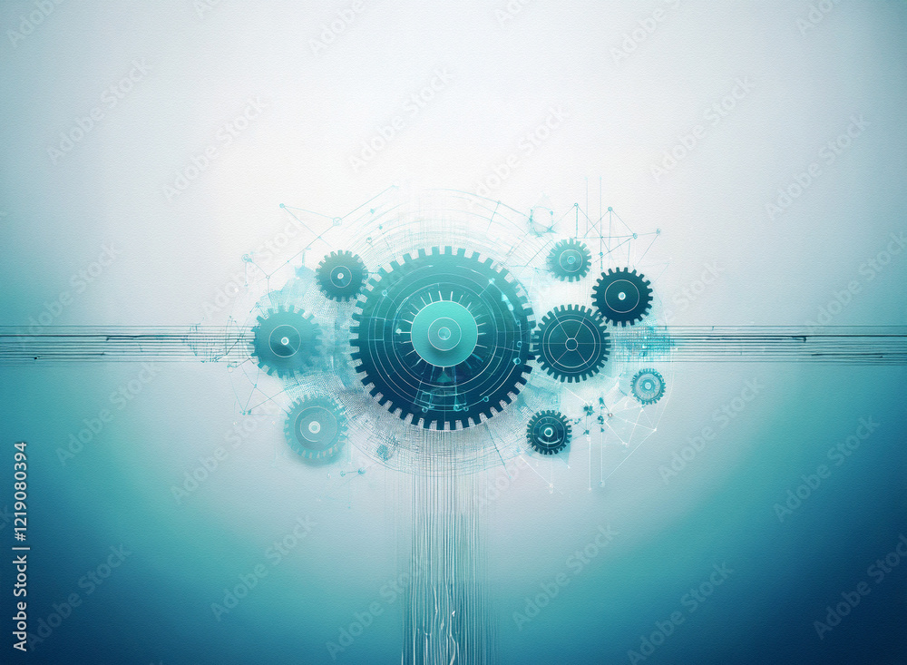 Aufkleber abstract digital art depicting interconnected teal gears against a light blue and white background, 