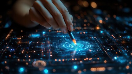 Naklejka premium Digital Innovation: A Hand Carefully Designing Futuristic Technology