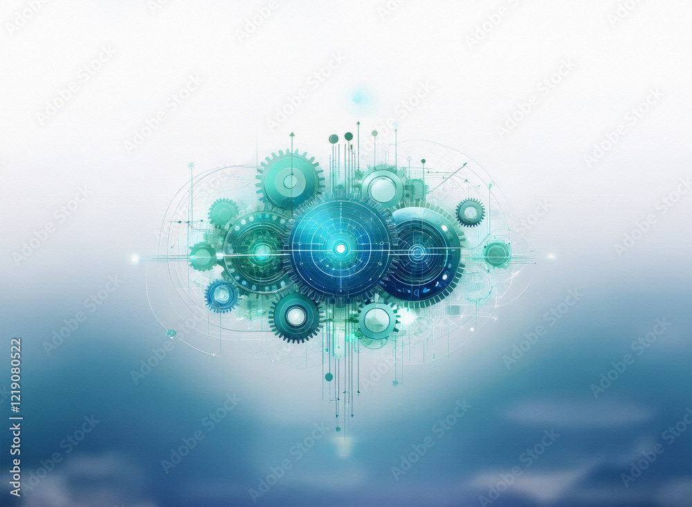 Fototapete Abstract image depicting a network of interconnected gears,  evoking a sense of technological synergy and complex systems in a soft blue and teal color palette.  The gears are centrally located and ap