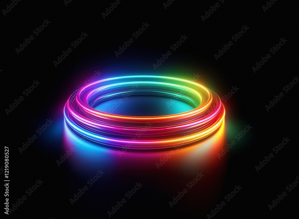 Poster vibrant rainbow neon rings glow on a dark reflective surface, creating a mesmerizing circular light 