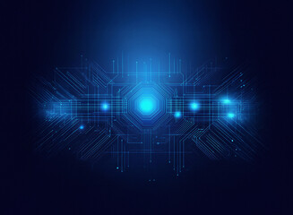 Abstract digital artwork depicting a glowing blue circuit board, suggesting technological advancement and connectivity.  The central hexagon pulses with light, radiating energy.