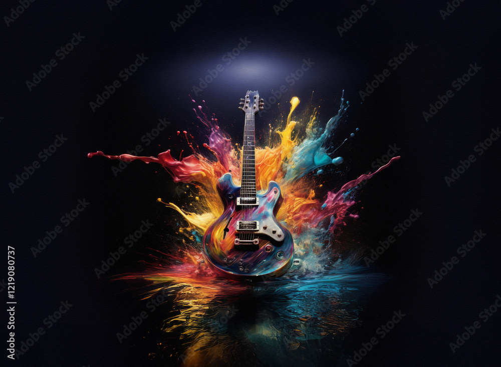 Poster a vibrant electric guitar explodes in a colorful paint splash against a dark background. the image i