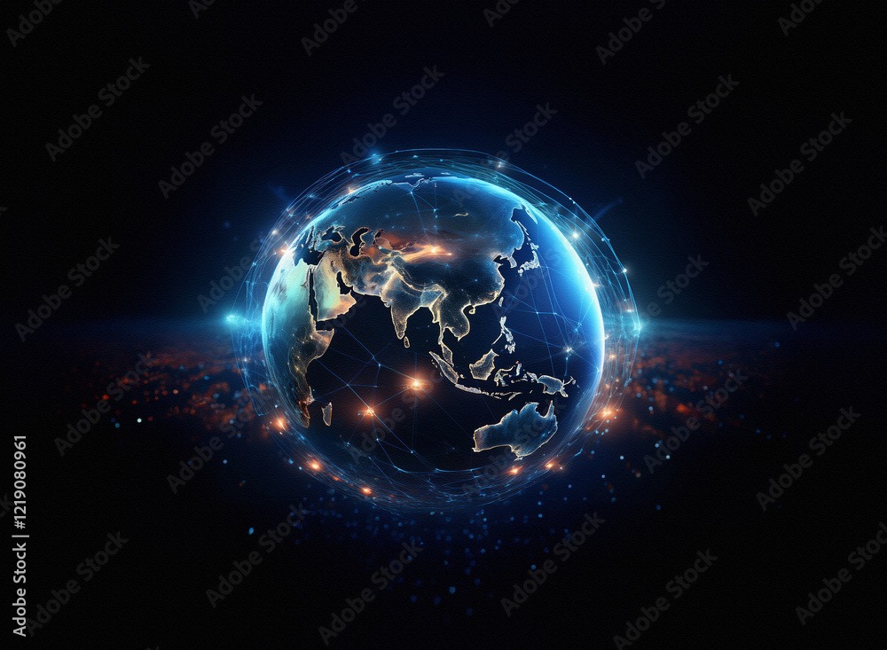 Poster a glowing digital earth, encircled by a network of light, floats in a dark cosmos. its continents ar