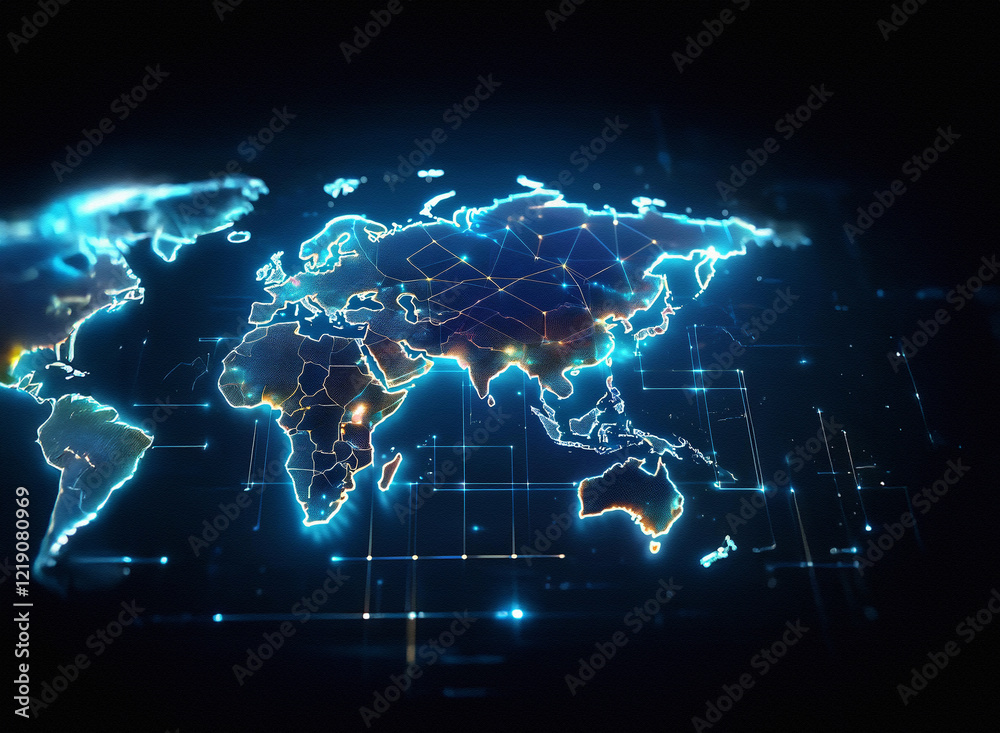 Aufkleber A glowing, digital world map displays interconnected nodes, representing global communication and data flow.  The dark background emphasizes the technological aspect.