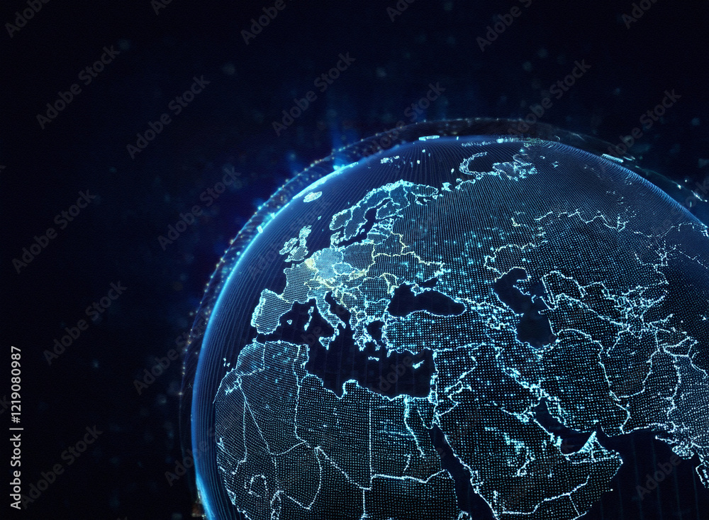 Leinwandbilder a digital rendering of earth, glowing with blue light, highlights europe's intricate network of conn