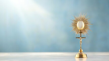 Exquisite Golden Monstrance for Eucharistic Adoration on Elegant Background with Soft Lighting