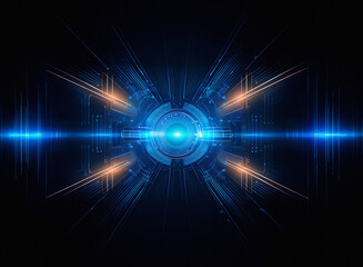 Obraz premium A mesmerizing abstract digital artwork featuring a central glowing blue eye-like core, surrounded by intricate circuitry and radiating energy lines in shades of blue and orange against a dark backgrou