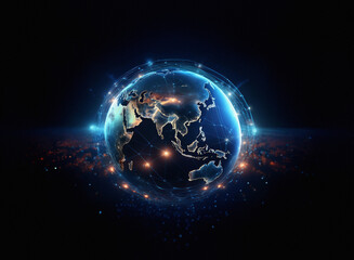 Fototapeta premium A glowing digital Earth, encircled by a network of light, floats in a dark cosmos. Its continents are subtly visible through the energetic blue and orange luminescence.