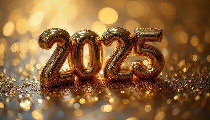 The image features the bold, glittering numbers 2025 in a shiny gold finish, set against a dreamy, blurred background of golden bokeh lights. This festive scene radiates joy and anticipation
