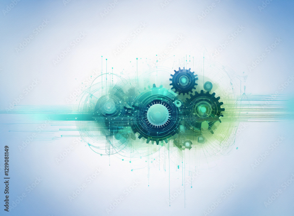 Aufkleber Abstract digital artwork featuring interconnected gears, circuits, and a soft teal color scheme.  It evokes a sense of technological advancement and intricate systems.
