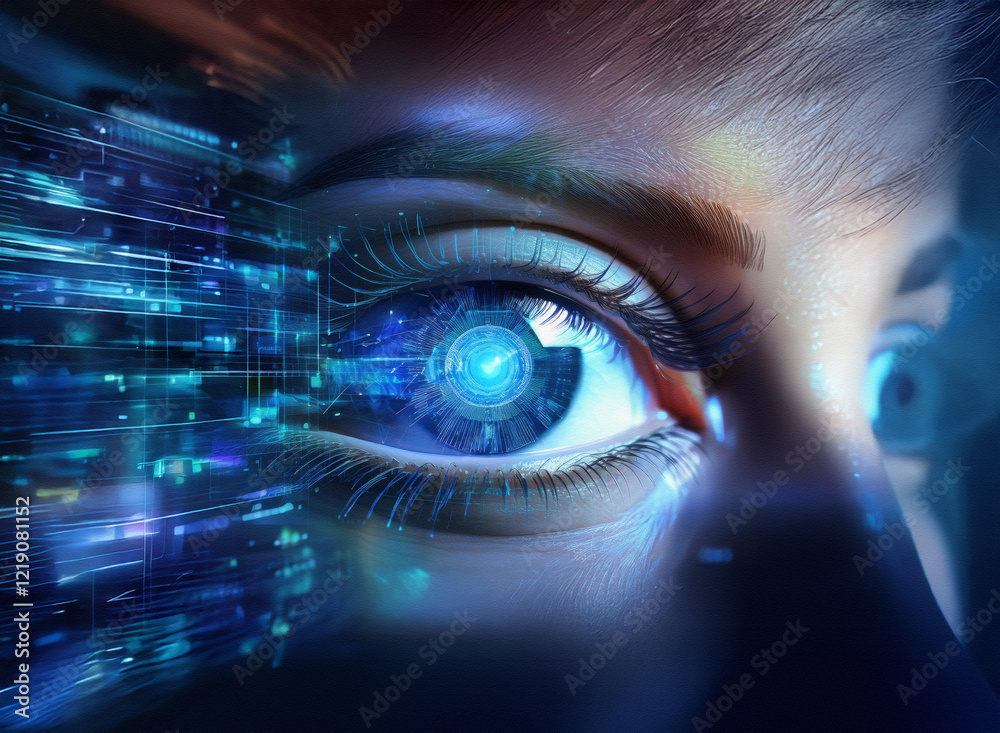 Poster close-up of a human eye digitally enhanced with glowing blue circuits, suggesting technological inte