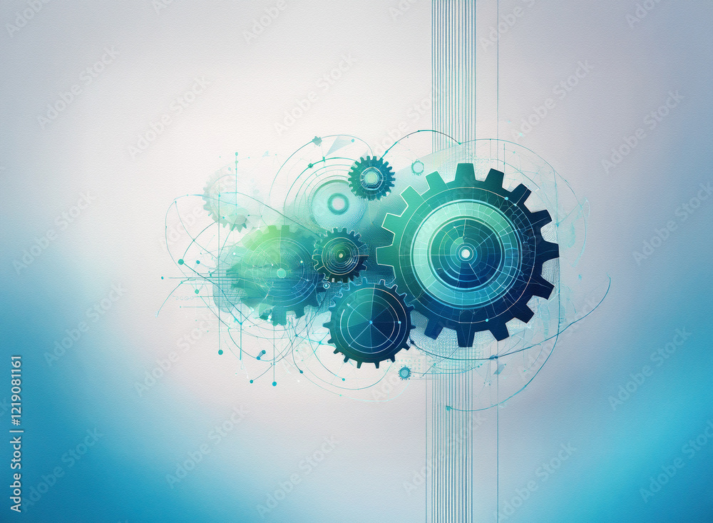 Aufkleber abstract digital art depicting interconnected gears, flowing lines, and nodes, suggesting technologi