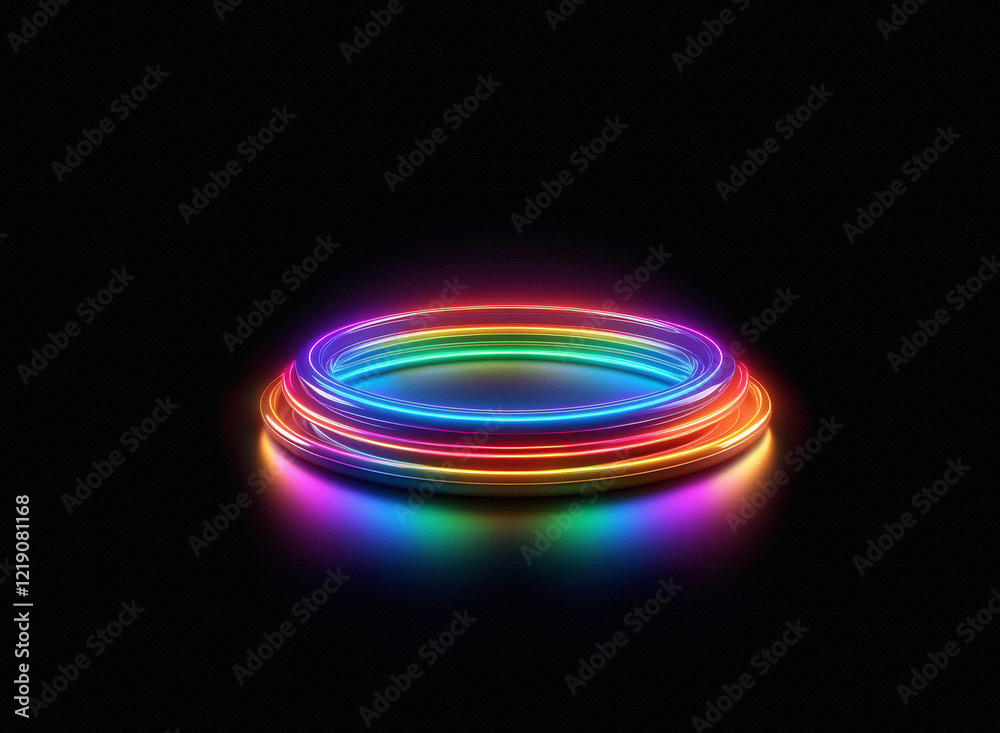 Poster Vibrant rainbow neon rings glow on a dark reflective surface, creating a mesmerizing circular light display.  The concentric circles illuminate the scene with bright, saturated colors.