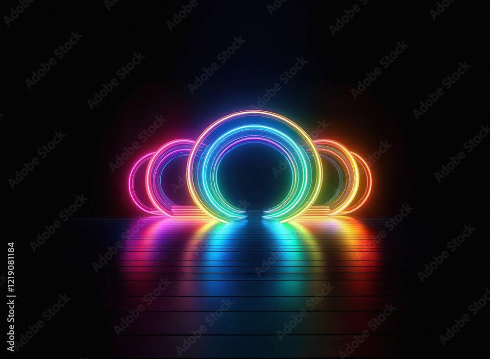 Poster vibrant rainbow neon circles glow on a dark reflective surface, creating a mesmerizing light display