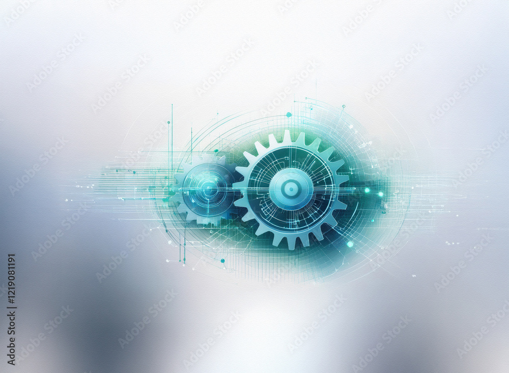 Poster Abstract image depicting interconnected gears, symbolizing technological synergy and precision mechanics.  A futuristic, soft-focus background enhances the ethereal quality.