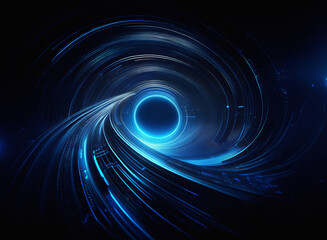 Abstract swirling blue neon light streaks create a vortex around a dark central circle against a black background.  The image evokes a sense of speed and energy.