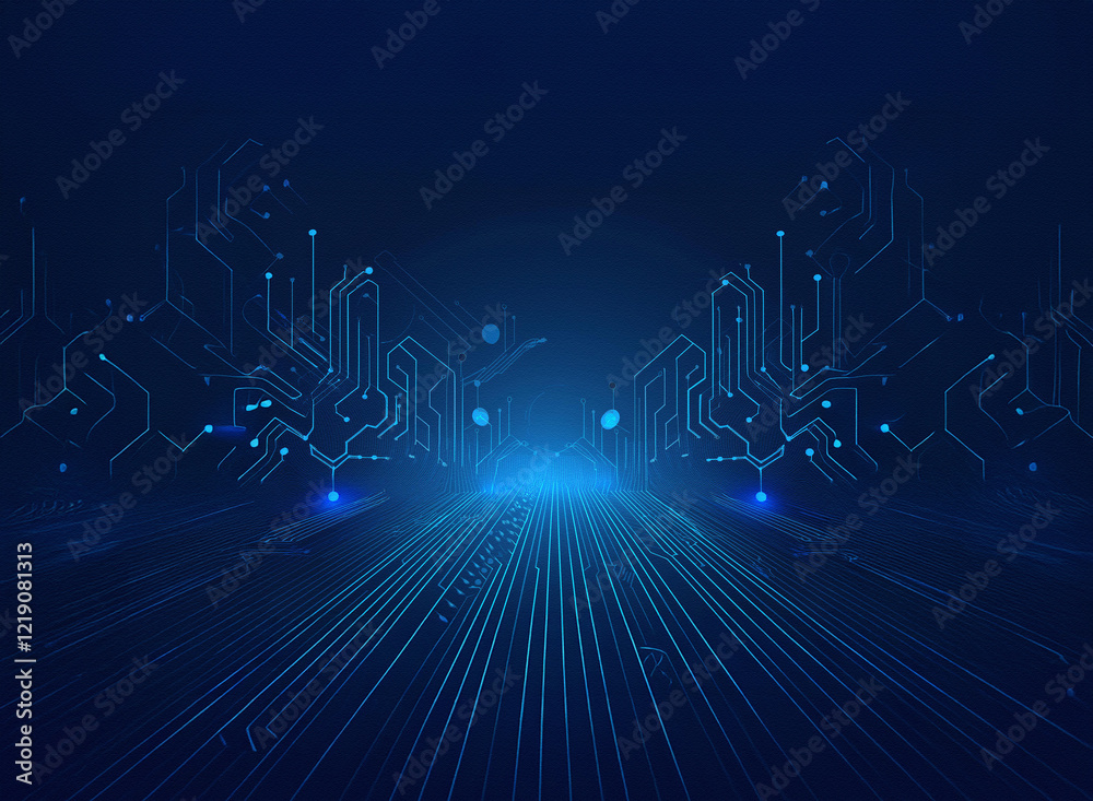 Poster abstract digital landscape, glowing blue circuit lines converging to a bright horizon. represents te