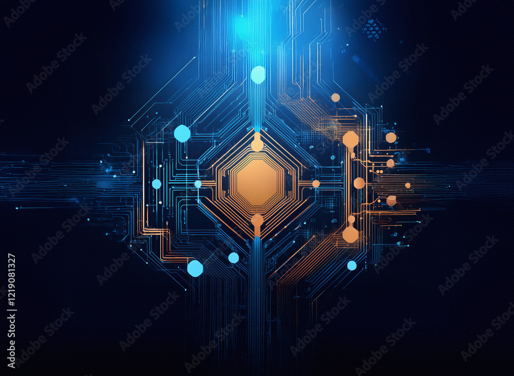 Poster Abstract digital artwork depicting a glowing circuit board,  featuring interconnected nodes and pathways of blue and orange light against a dark background.  The design suggests technological advancem