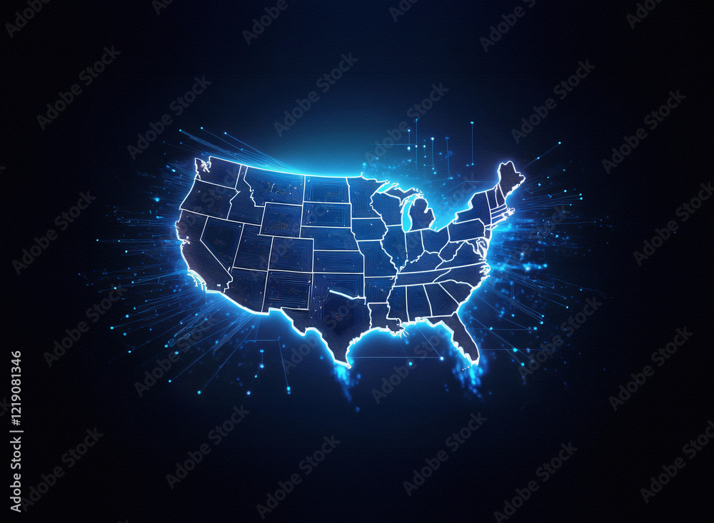 Poster a glowing, digital map of the united states pulses with vibrant blue light, depicting a network of c