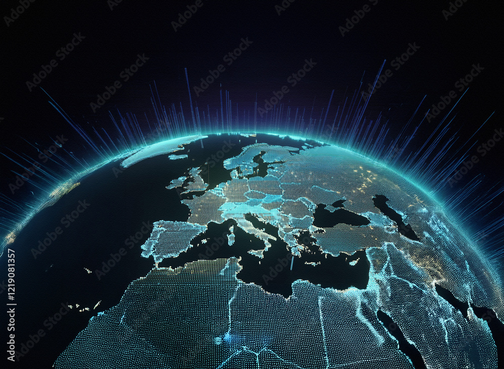 Poster a stylized digital globe, showcasing europe and surrounding regions at night, illuminated by glowing