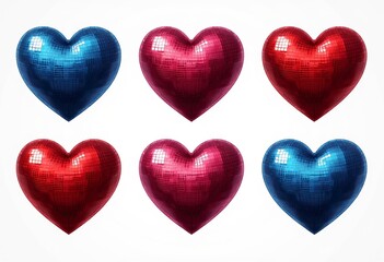Fototapeta premium Heart Disco Ball Clip Art: Vector set, heart-shaped disco balls, white background, spaced with margins. Party, glitter, love, sparkle, vector graphic, isolated elements, disco theme.