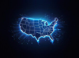 A glowing, digital map of the United States pulses with vibrant blue light, depicting a network of connections across the country.  Data streams radiate outwards, symbolizing communication and connect