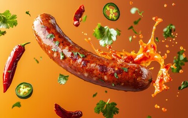 A juicy sausage mid-air with a spicy jalapeÃ?o sauce splash, surrounded by floating chili slices and cilantro