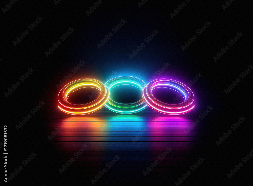 Poster three vibrant, glowing neon rings in rainbow hues rest on a dark, reflective surface. the rings crea