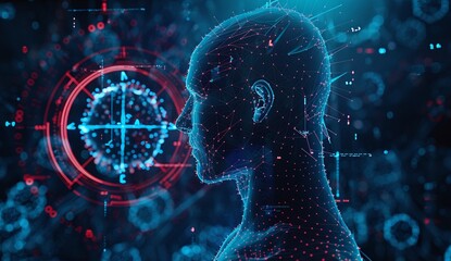 Abstract digital art of a human head, glowing with blue and red hues, set against a backdrop of intricate data streams and a targeting system.