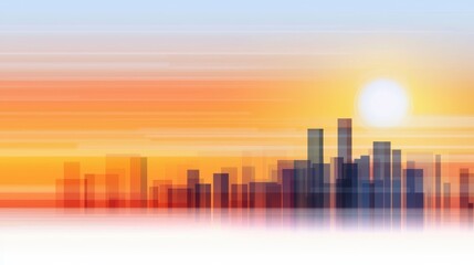 Obraz premium A vibrant sunset illuminates a city skyline, featuring blurred silhouettes of skyscrapers against a colorful sky.