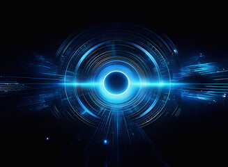 Fototapeta premium A mesmerizing digital art piece showcasing concentric circles emanating bright blue light, suggesting technological advancement or a futuristic interface. The core is dark, creating a sense of myster