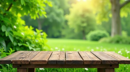 Rustic Wooden Tabletop in a Serene Green Park Setting, Ideal for Product Displays or Relaxing Summer Scenes