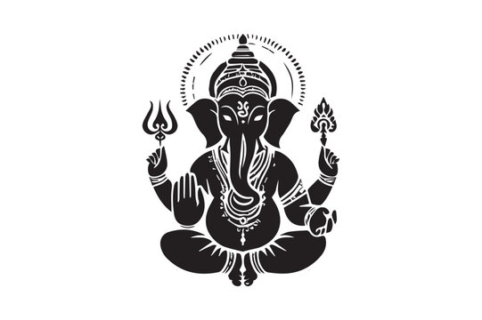 black ganesha sitting, holding objects, white background clip art preview