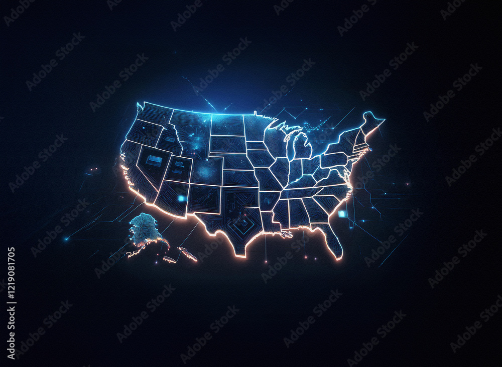 Leinwandbilder Glowing digital map of the United States, showcasing interconnected data points and state boundaries.  Represents technological advancement and nationwide connectivity.