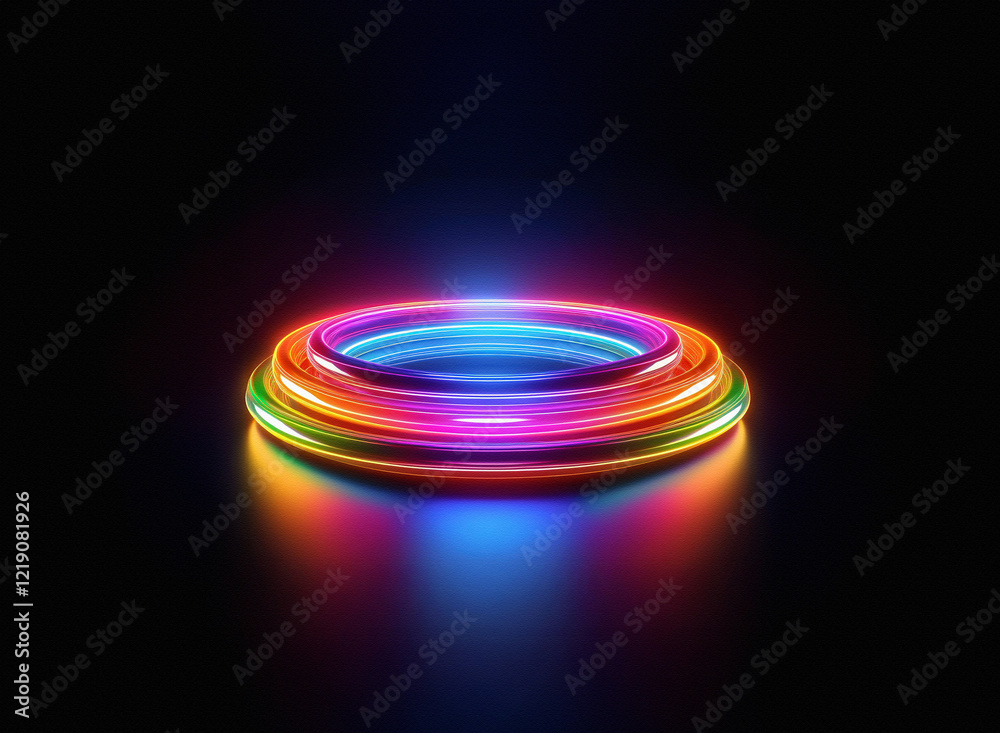Aufkleber vibrant, multicolored neon rings glow on a dark reflective surface, creating a captivating, circular