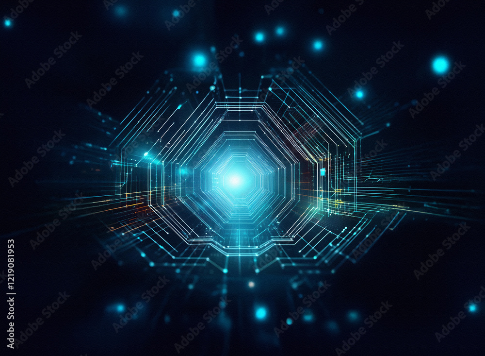 Fototapete Abstract digital tunnel, glowing cyan lines forming a hexagonal structure.  Particles and light effects create a sense of depth and movement within a dark background.  The image evokes technology and 