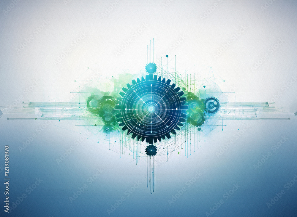 Aufkleber abstract digital art depicting a central gear surrounded by smaller gears, circuits, and flowing wat