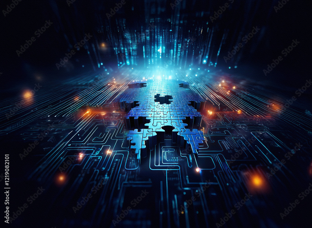 Aufkleber Glowing puzzle pieces form a world map on a circuit board, symbolizing global digital connection and technological solutions.  Data streams illuminate the scene.