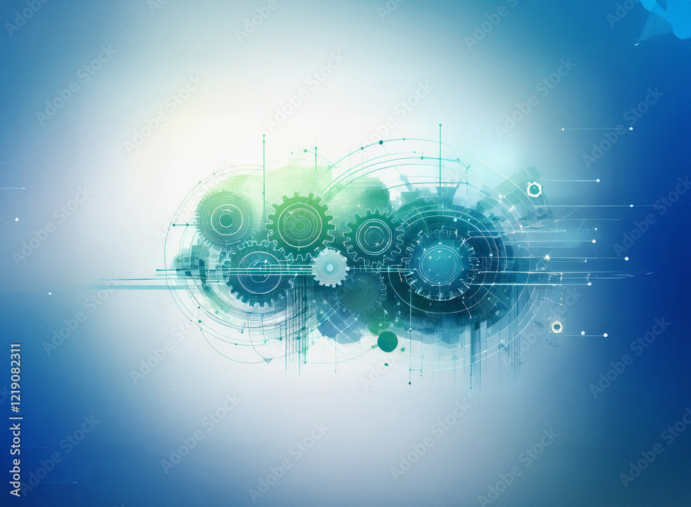 Fototapete Abstract digital art depicting interconnected gears within a stylized cloud, suggesting technological synergy and innovation.  Cool blue and green tones create a calming yet dynamic visual.