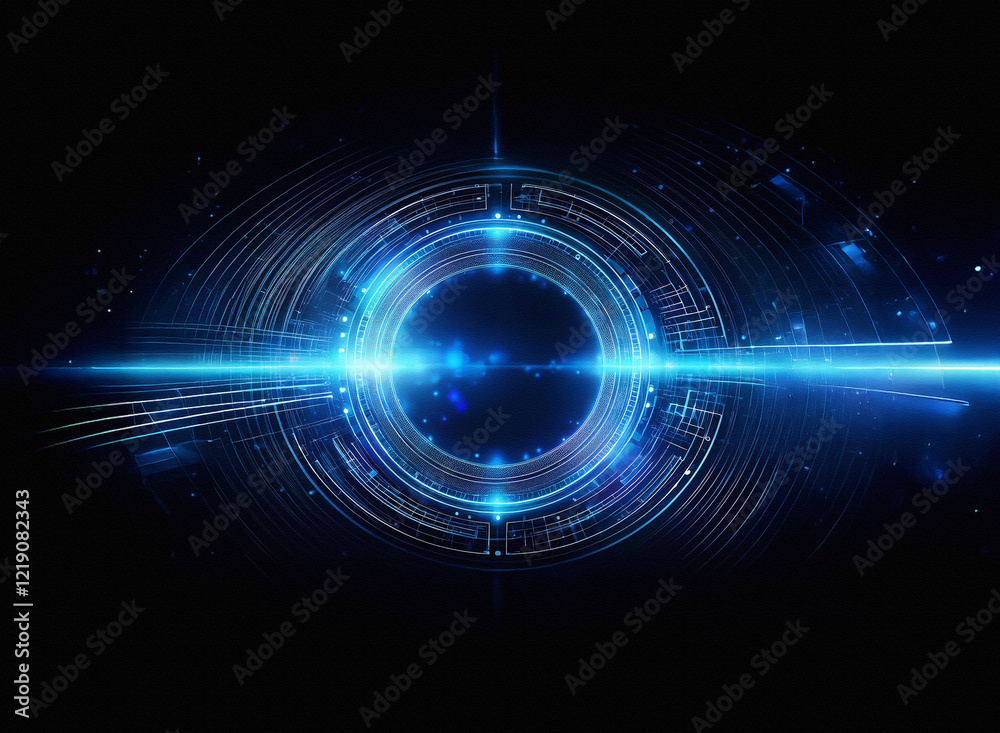 Poster a futuristic, glowing blue circular interface with technological elements, radiating light and energ