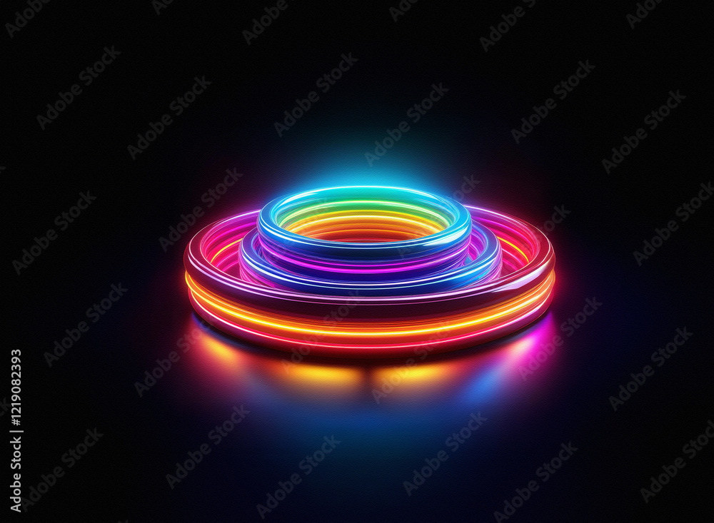 Poster vibrant rainbow neon rings glow in concentric circles on a reflective black surface, creating a mesm