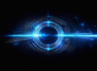 Fototapeta premium A futuristic, glowing blue circular interface with technological elements, radiating light and energy against a dark backdrop. The design suggests advanced technology and digital innovation.
