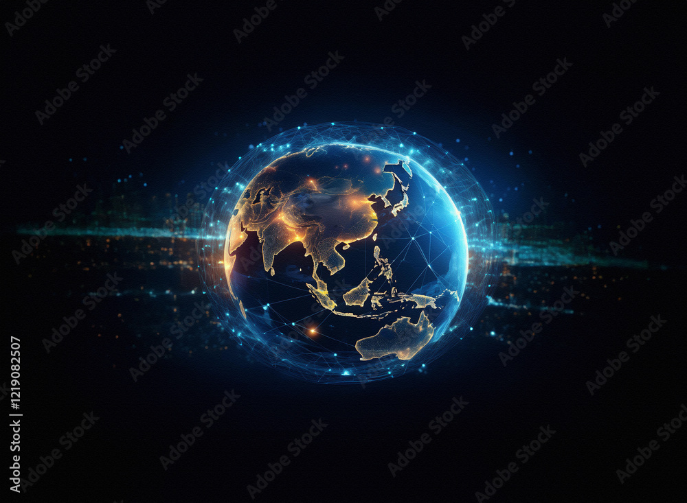Leinwandbilder a glowing digital earth, centered on asia, is enveloped in a network of light trails and nodes, symb