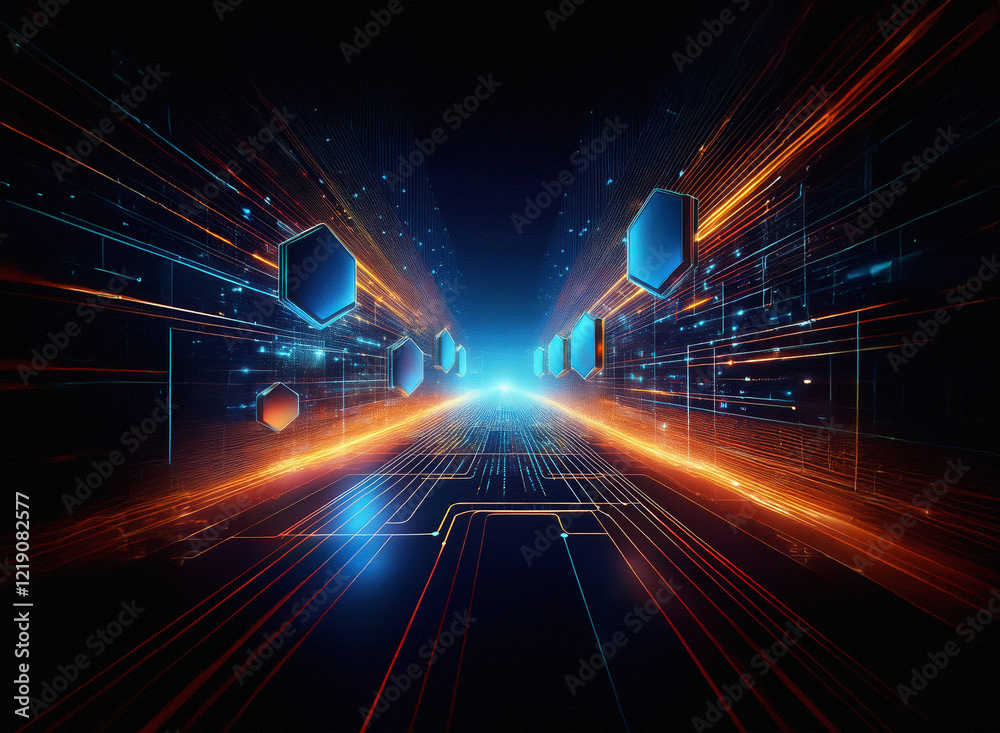 Poster abstract digital tunnel with glowing hexagons and vibrant energy streaks. a futuristic, high-tech pa