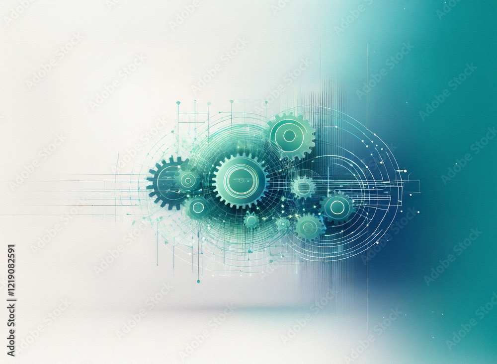 Aufkleber Abstract illustration of teal gears interlocked within a cloud-like formation, suggesting technological synergy and interconnected systems.  Digital lines and nodes enhance the futuristic aesthetic.