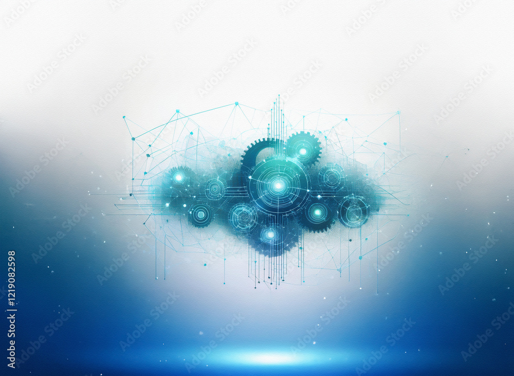 Leinwandbilder abstract digital art depicts a cloud-like formation composed of interconnected gears and nodes, sugg