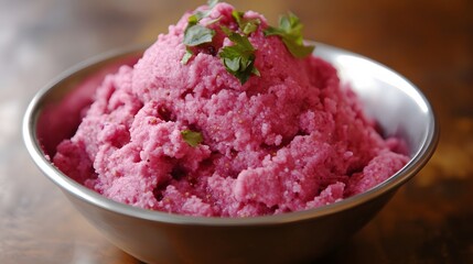 Delicious Pink Beetroot Sorbet in Metal Bowl