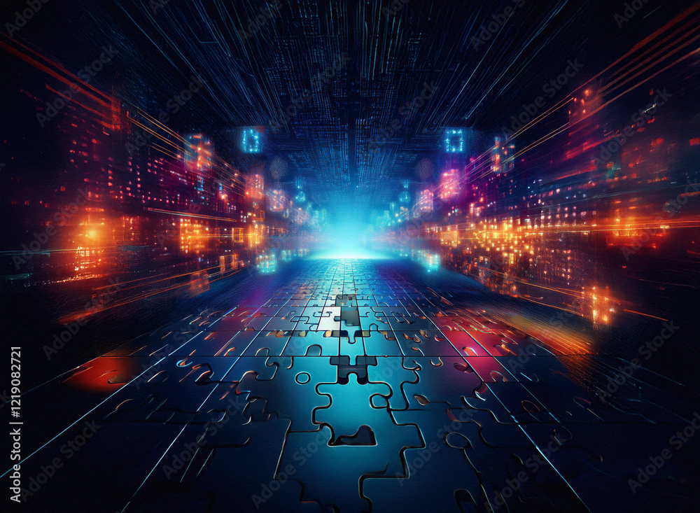 Poster a vibrant digital highway of glowing puzzle pieces converges towards a bright, central point, symbol