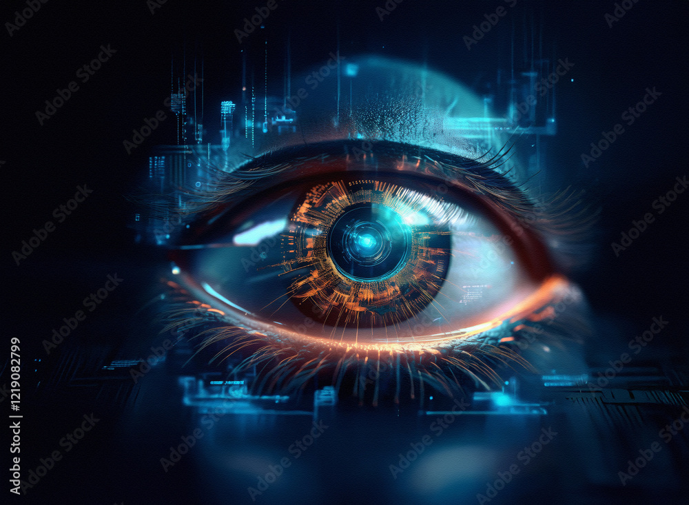 Poster a mesmerizing digital eye, glowing with intricate circuitry and vibrant blue hues, reflects a futuri